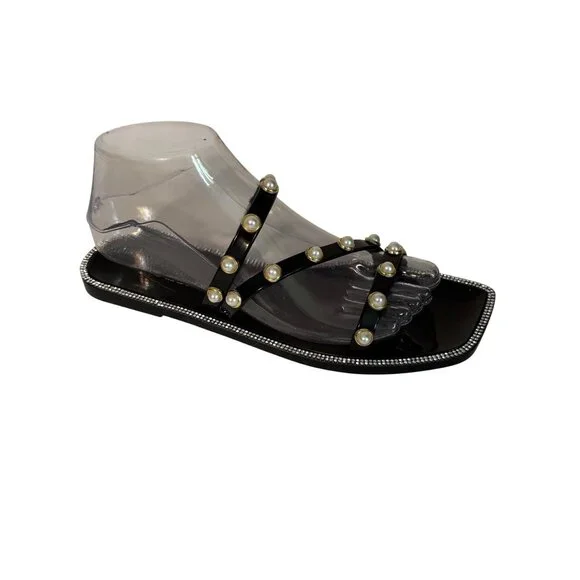 Steve Madden Black Pearl-Studded Flat Sandals With Rhinestone Trim Womens Size 9 - Picture 2 of 11